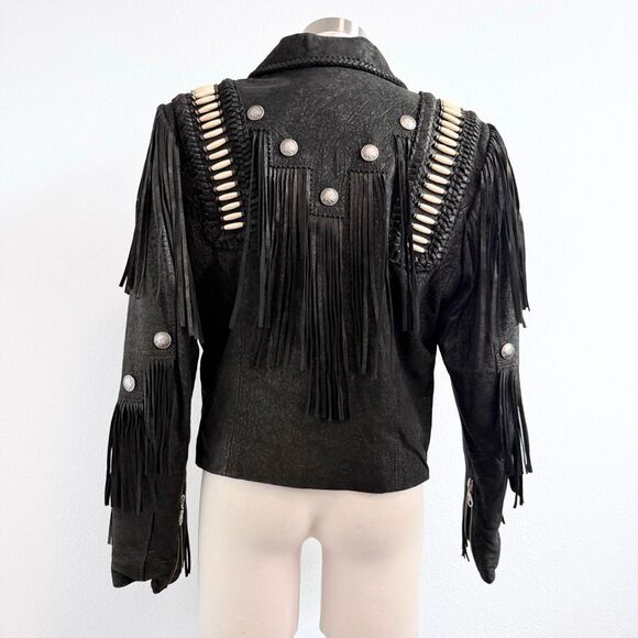 Tribe America Black Leather Fringe Suede Jacket Coat Small Concho Beaded - Picture 3 of 6